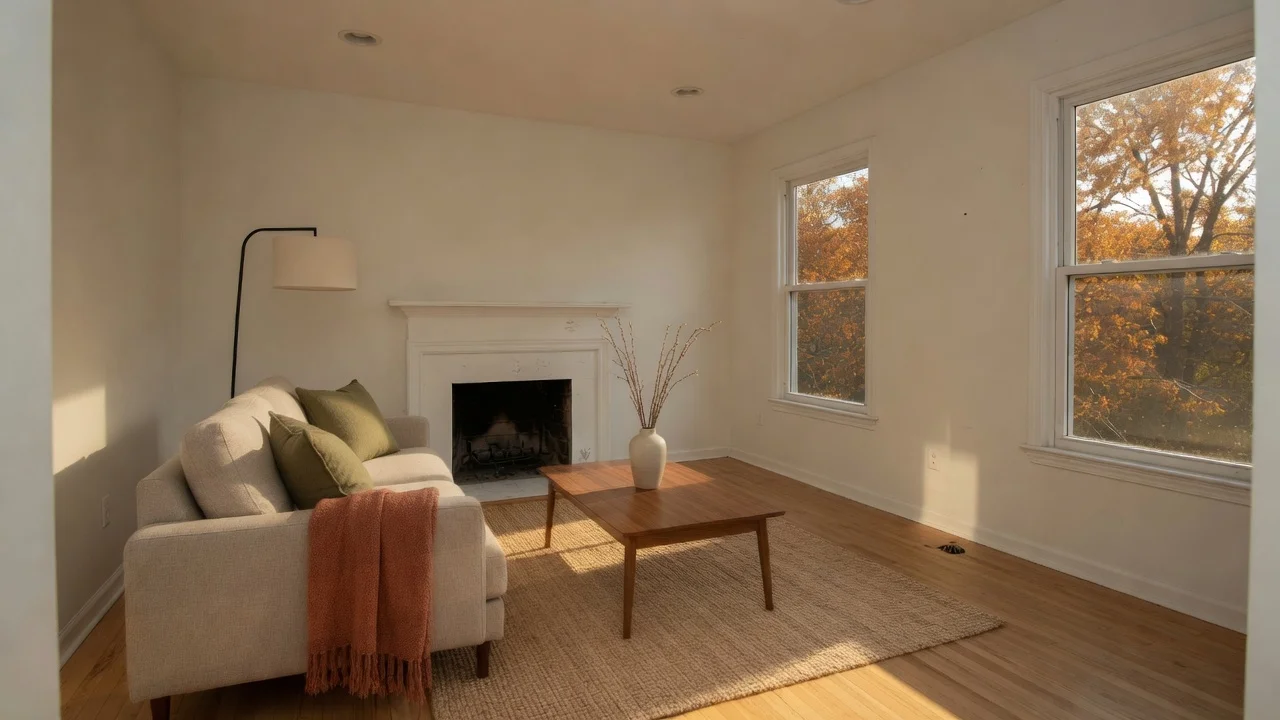 Vacant living room to autumn-light listing proof: generated autumn-light staged sample