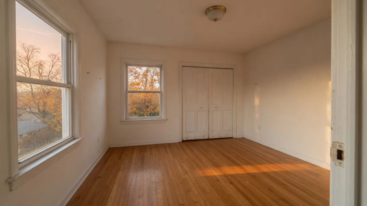 Empty bedroom to fall listing proof: vacant original photo
