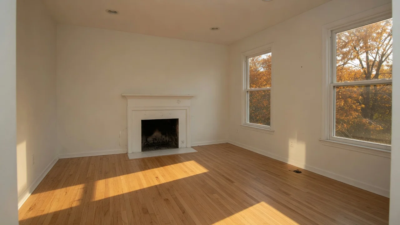 Vacant living room to autumn-light listing proof: vacant original photo