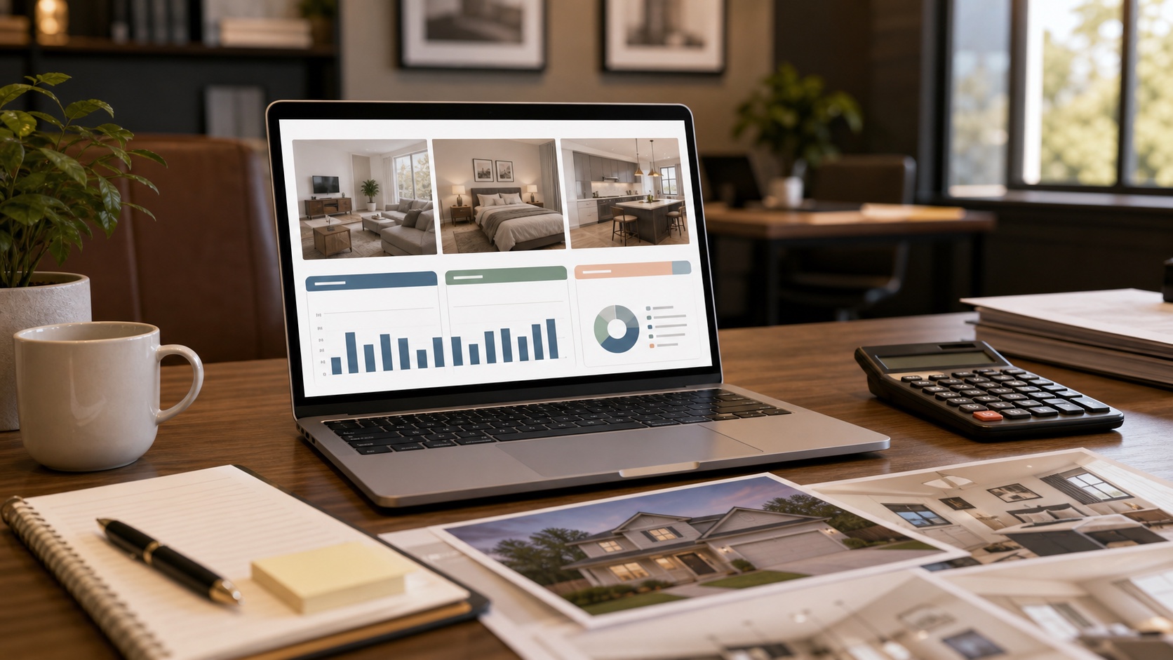 Real estate agent comparing virtual staging pricing dashboards and listing photos
